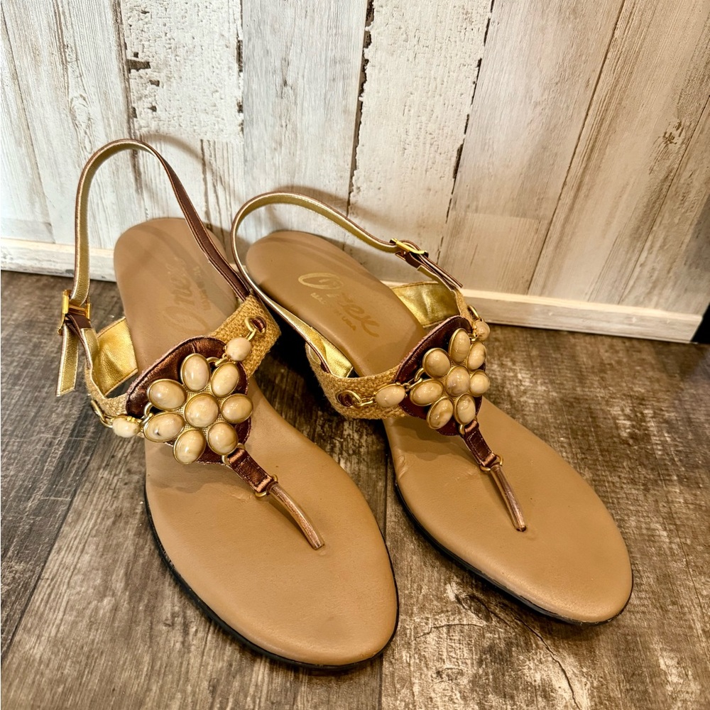 Onex Brown and Cream Sandals with Floral Embellishments